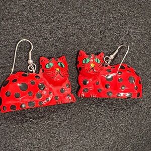 Blk & Red Spotted Hand Made Wood Earrings New Pierced